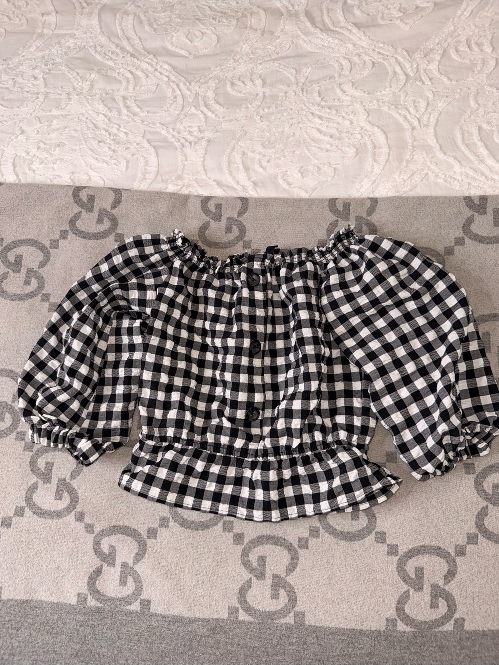 H&M Off-Shoulder Black & White Gingham Peasant Top
